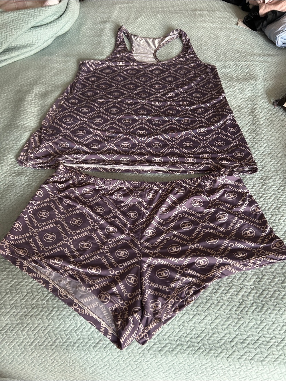 Purple Logo-Print Racerback Tank and Shorts Set Chanel vibe